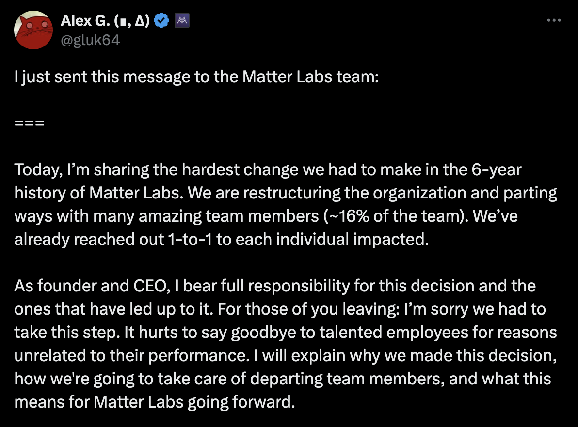 Matter Labs CEO announces company restructuring, layoffs